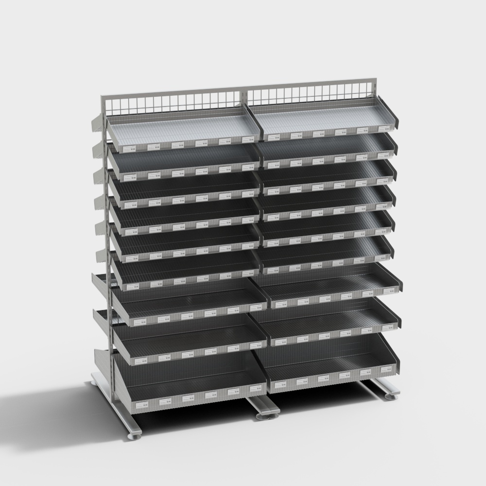 Large metal grocery store shelving unit with many price tags on white background