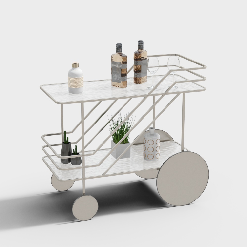 Streamlined Bar Cart 3D Model – Beige Metal & Marble