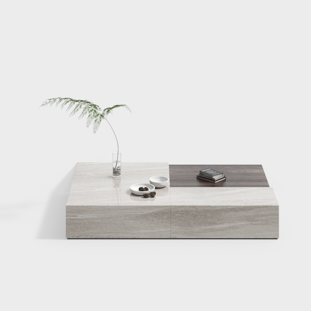 Modern low coffee table with light stone and dark wood top on white background