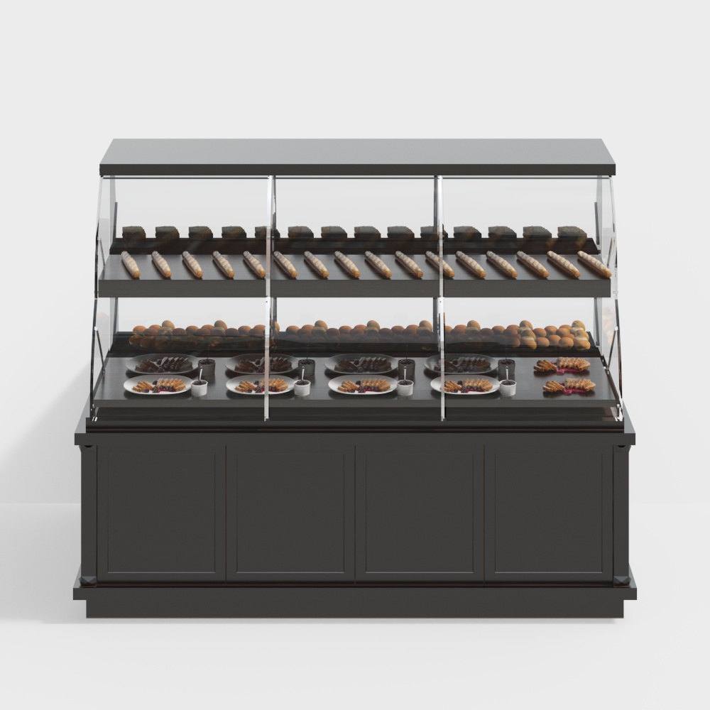 Modern black bakery display case with glass shelves and fresh bread on white background