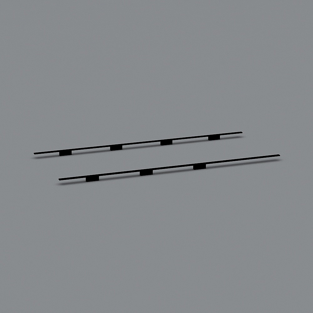 Two black metal wall light fixtures with matte finish and long bars on grey background