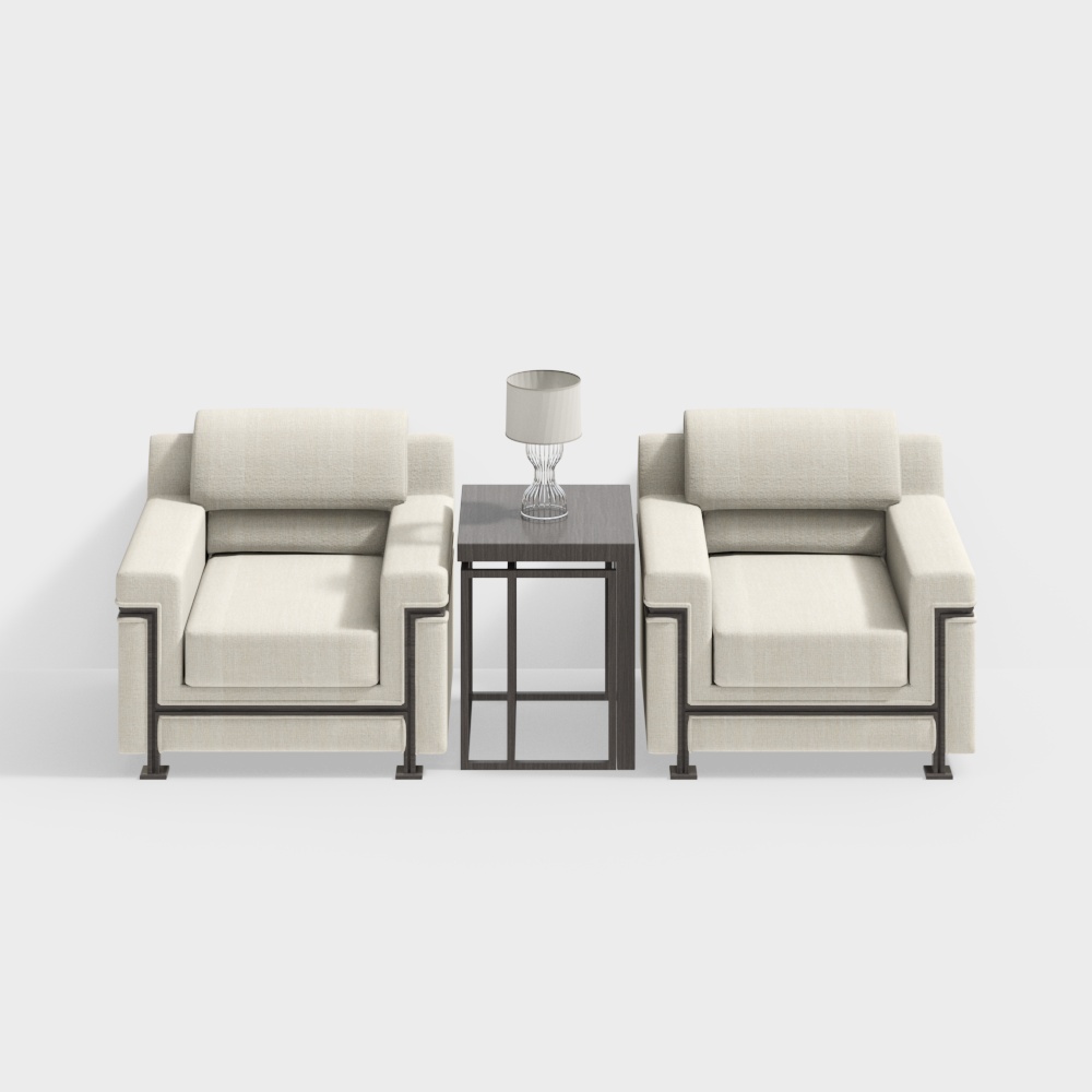 Two cream fabric armchairs with dark metal frames and small grey side table on white background