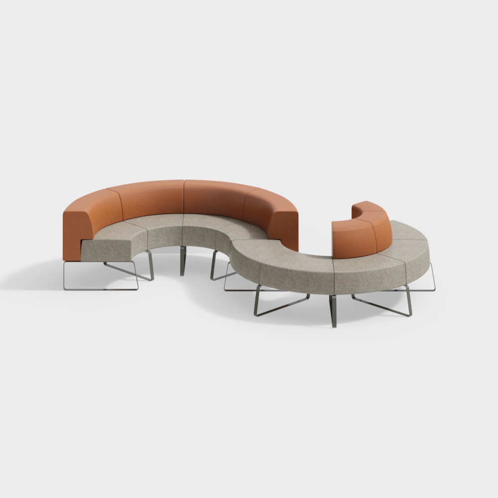 Modern curved modular sofa with orange back and grey seat on white background