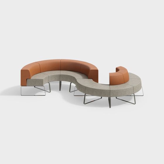 Modern curved modular sofa with orange back and grey seat on white background