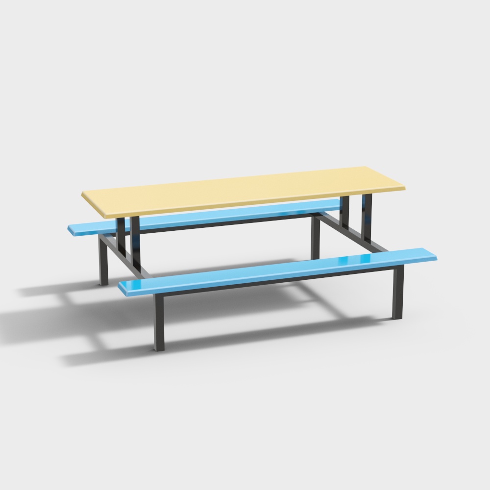 โต๊ะอาหารและเก้าอี้สีเหลืองน้ำเงินในโรงอาหาร