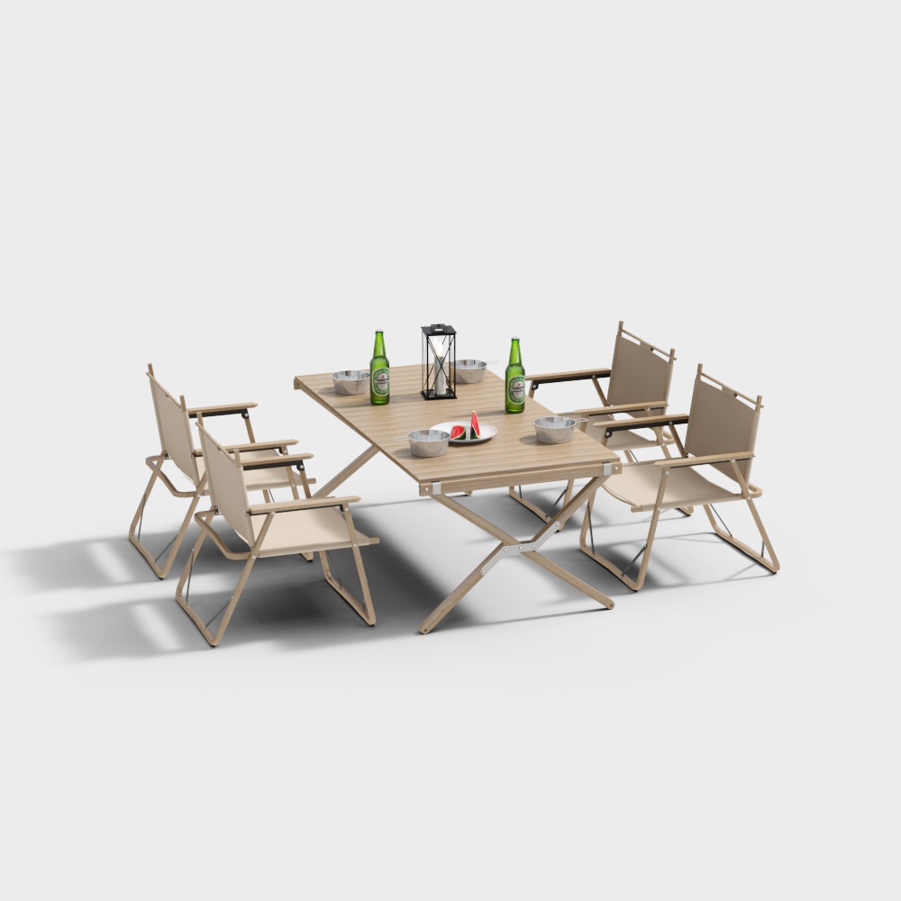 Outdoor Folding Table and Chair 3D Model – Wooden & Metal Design