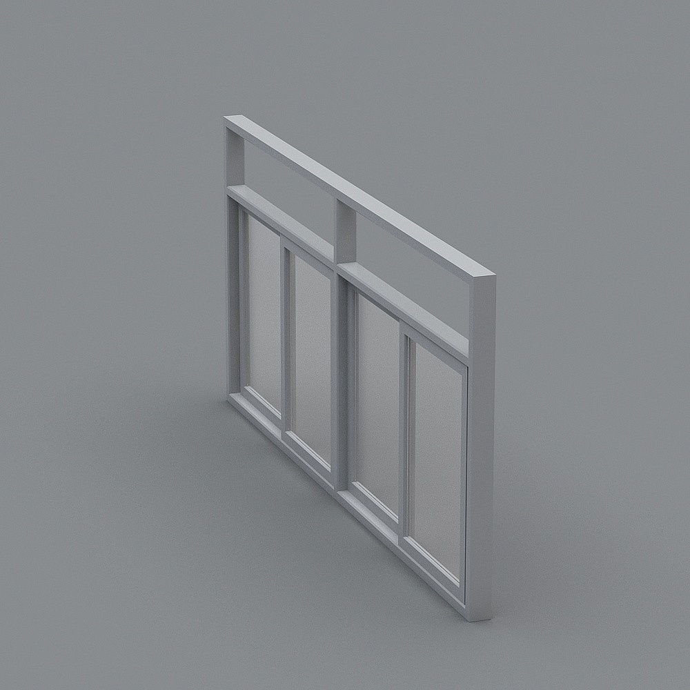 Modern white aluminium sliding window with four glass panels on grey background