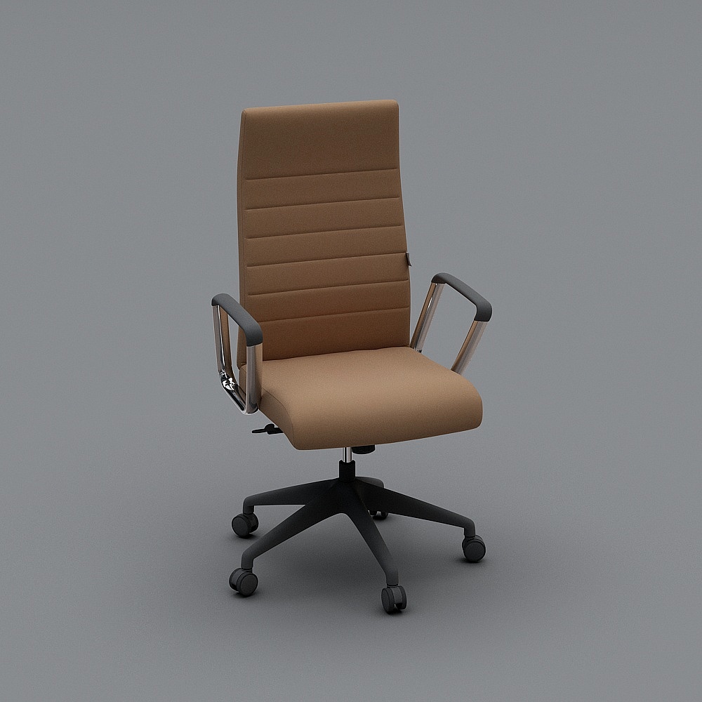 Modern brown fabric office chair with silver armrests and black wheels on grey background