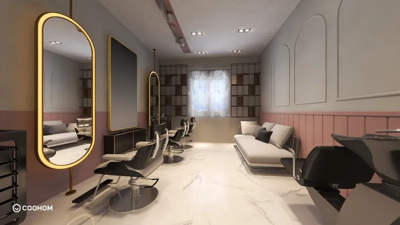 Modern hair salon interior with black styling chairs, gold round mirrors, sofa, and marble floor