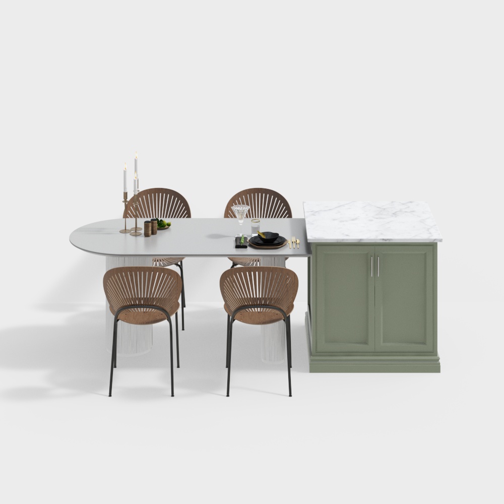 Urban Dining Table Set 3D Model – Marble & Wood