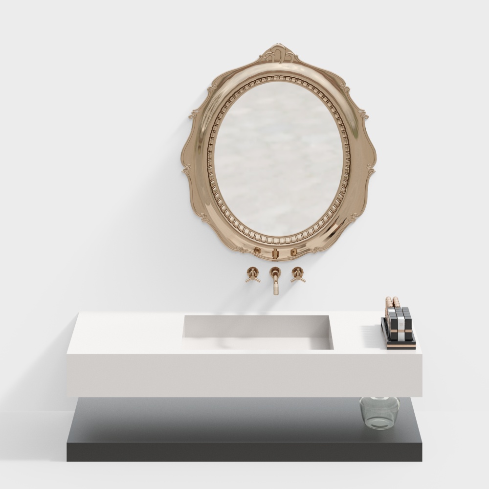Elegant Bathroom Set 3D Model – Golden Mirror and Sink