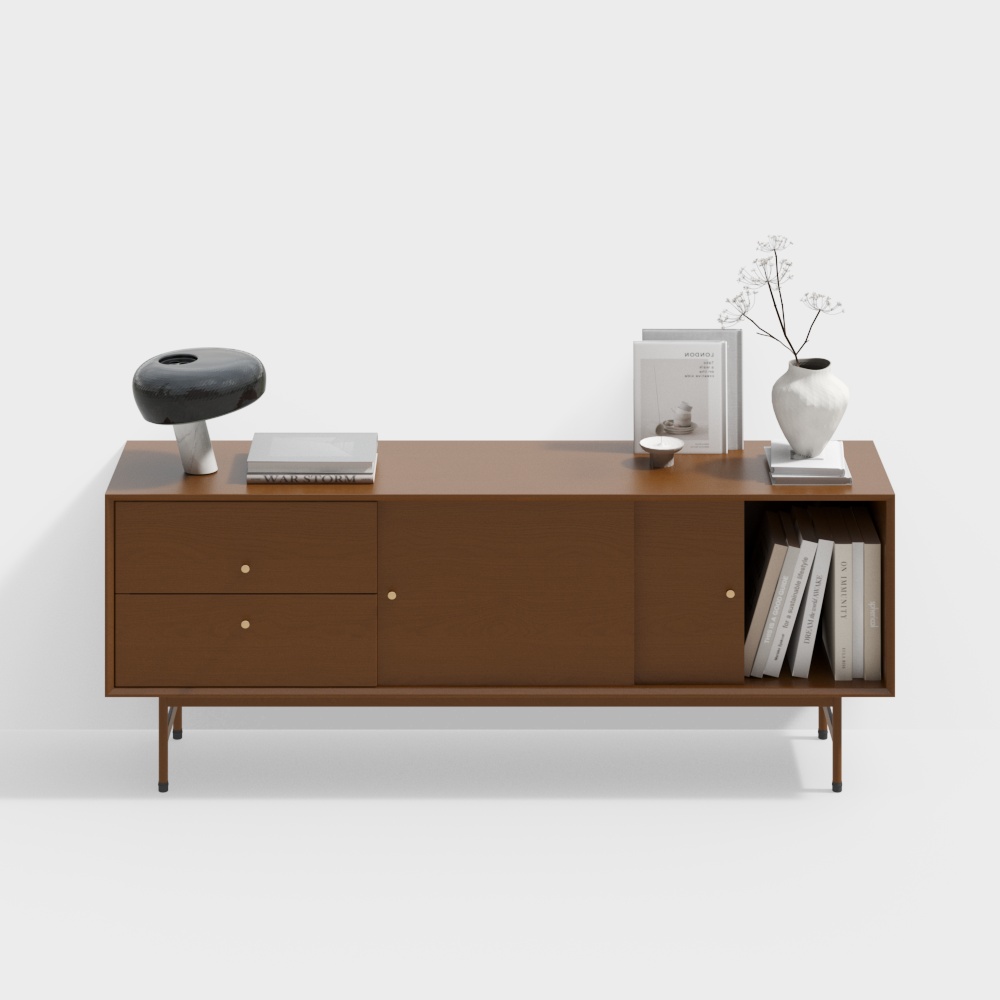 Mid-Century Modern Sideboard 3D Model – Wood and Gold Finish