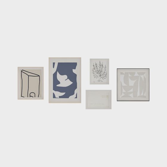 Five framed art prints with abstract and line drawings on light grey background