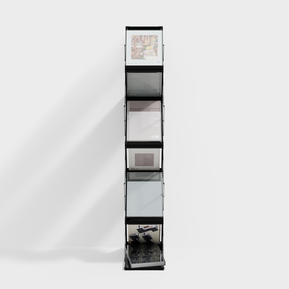 Tall black metal magazine rack with six clear plastic slots on white background