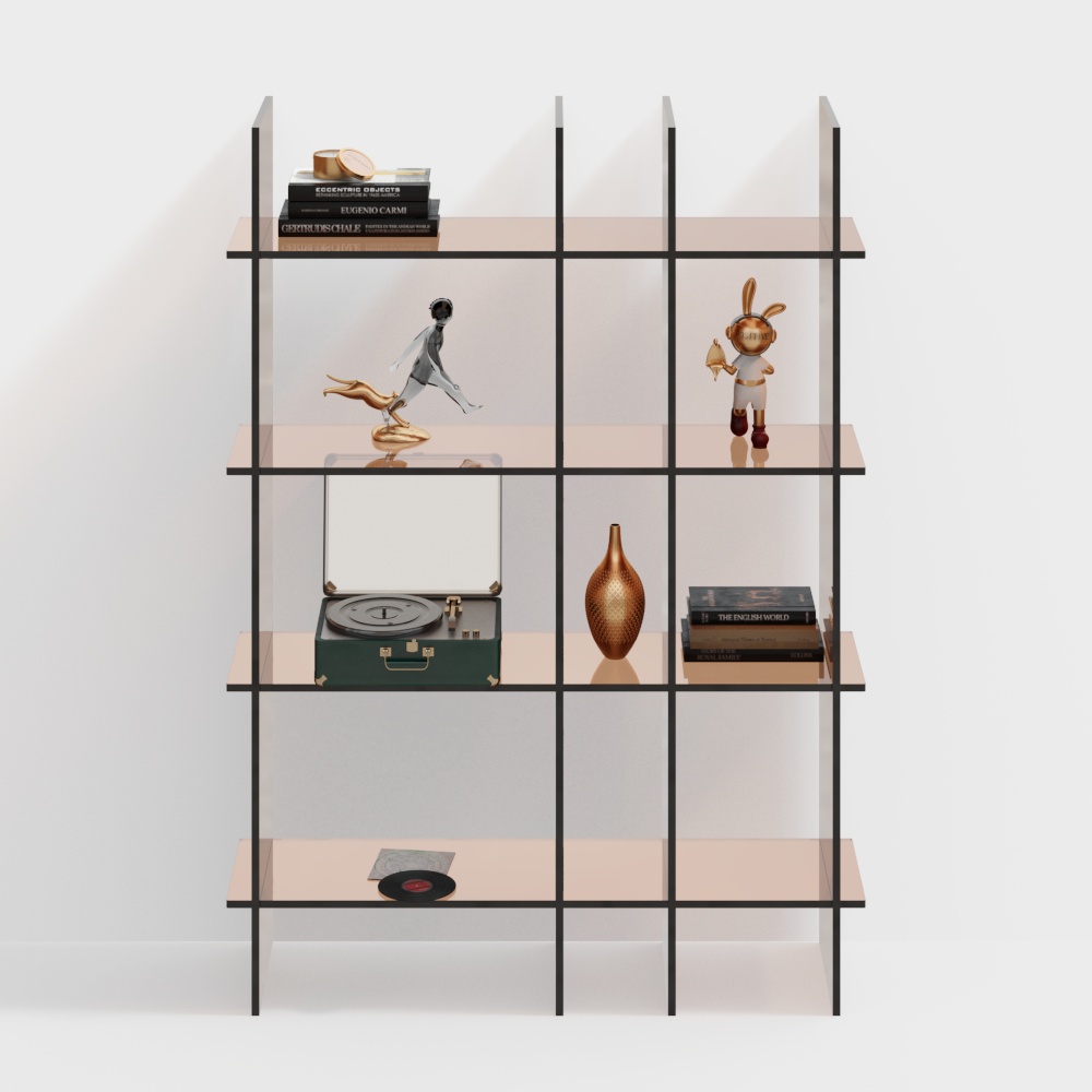 Urban Grid Shelf 3D Model – Metal and Wood Design