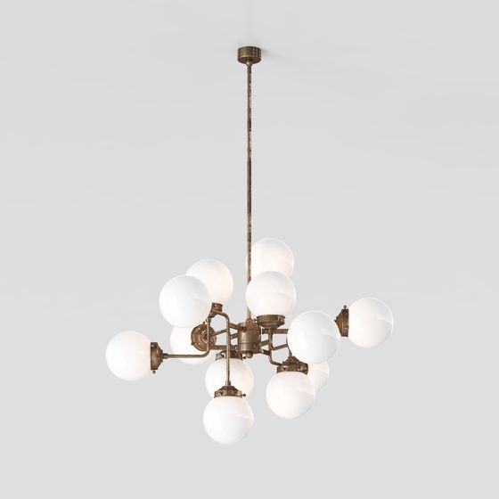 Modern ceiling light with bronze frame and white round bulbs on grey background