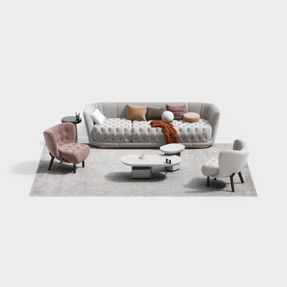 Modern living room set with grey sofa and pink armchair on white background