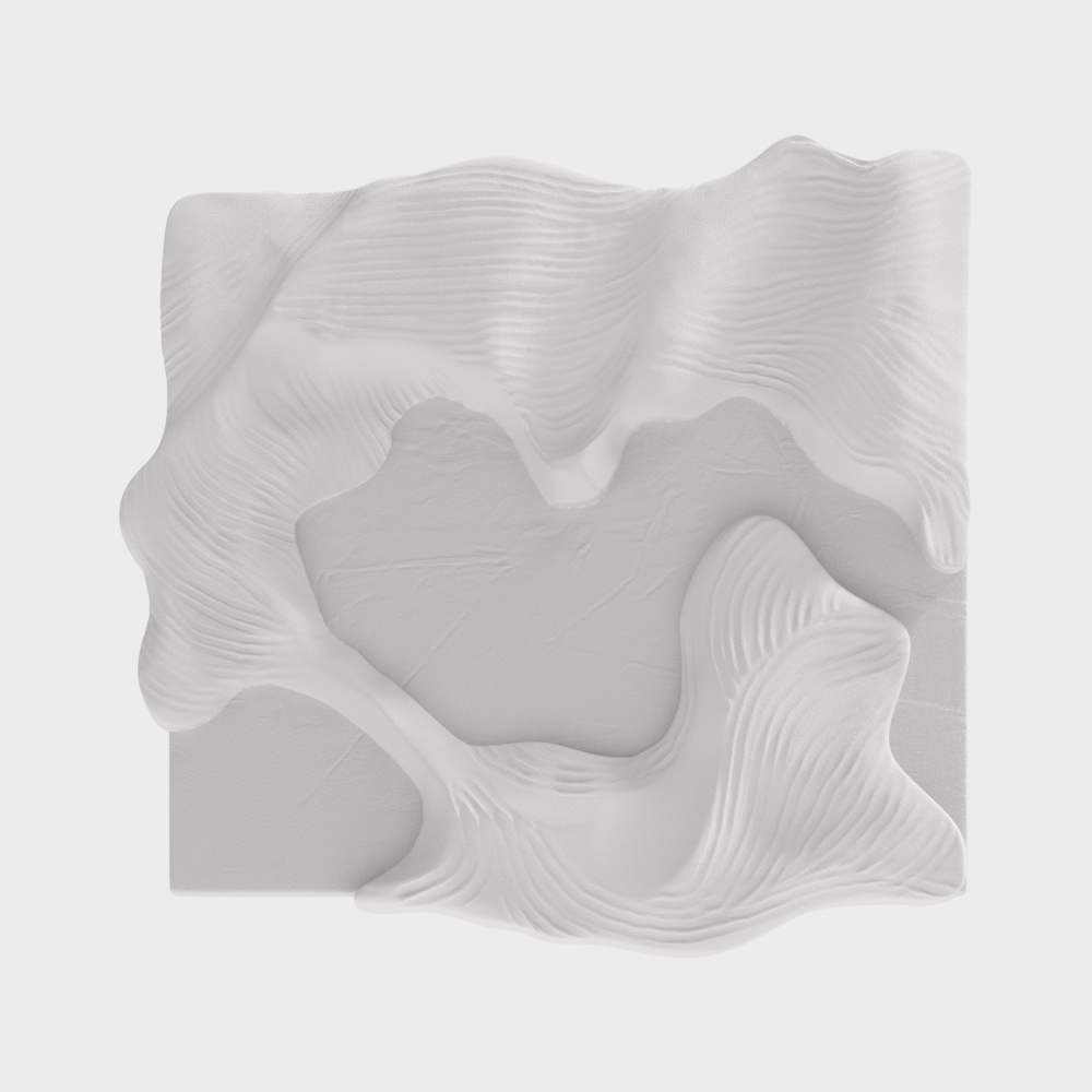 White 3D wall panel with abstract wavy texture and smooth curved design on white background