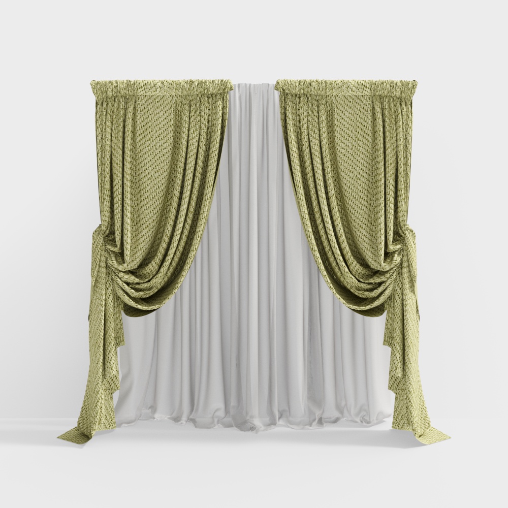 Vibrant Green Curtain 3D Model – Layered Fabric Texture