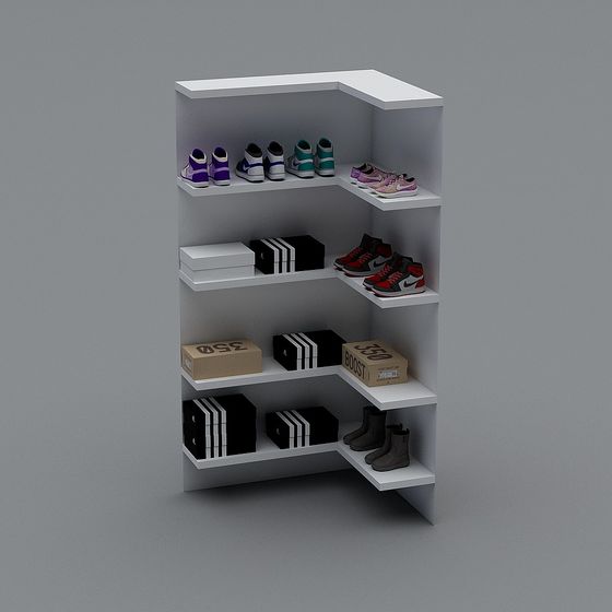 White corner shoe rack with colorful sneakers and black boxes on grey background
