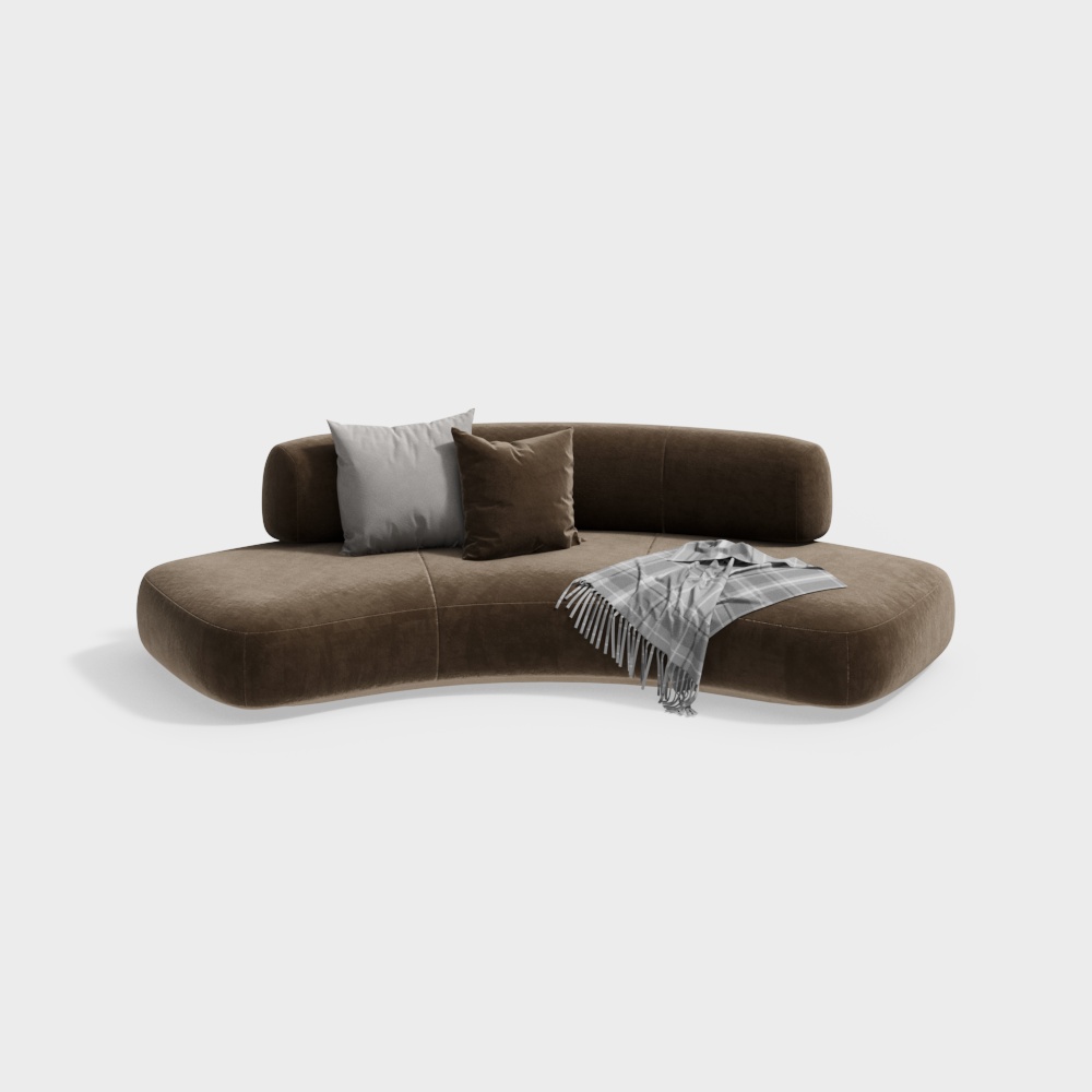 Stylish Curved Sofa 3D Model – Brown Suede Minimalist Design