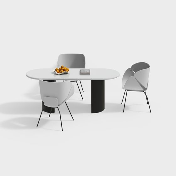 Mesa de comedor moderna y juego de sillas.