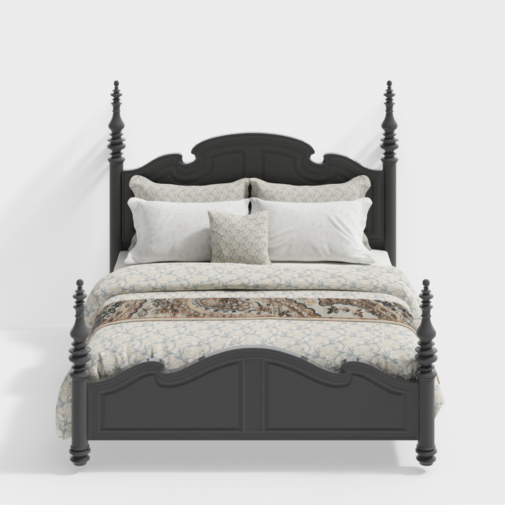 Vintage Four-Poster Bed 3D Model – Classic Black Finish