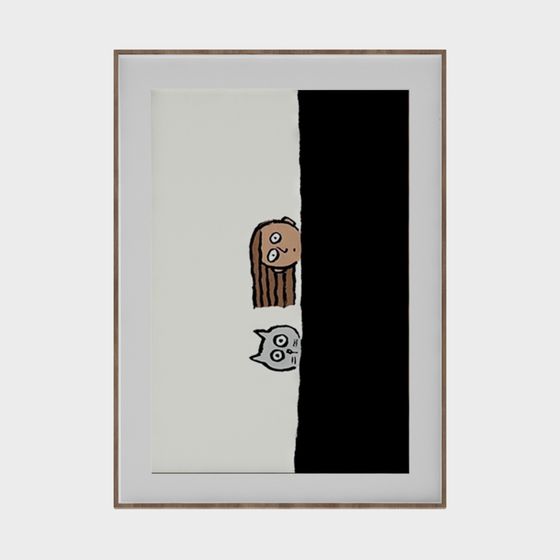 Framed artwork with girl and cat peeking from black side on white background