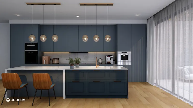 Modern kitchen with blue cabinets white island two wood chairs ceiling lights and wooden floor