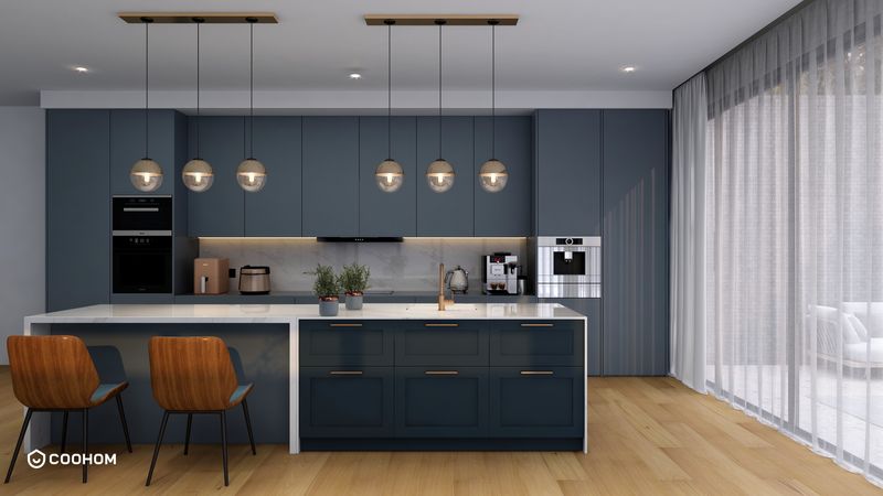 Modern Blue Kitchen with Elegant Dining