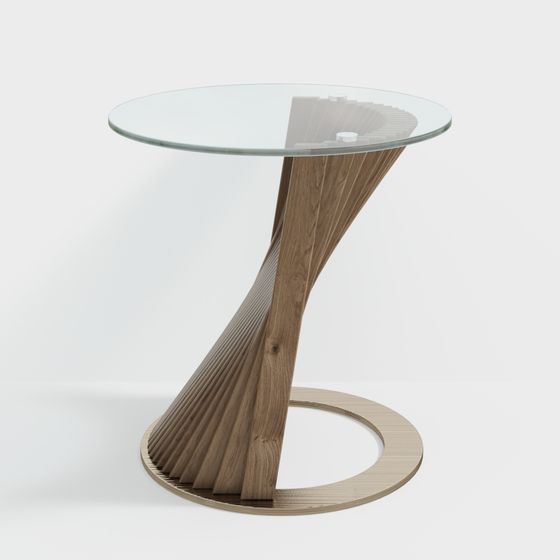 Modern round glass side table with twisted wood base and ring foot on white background