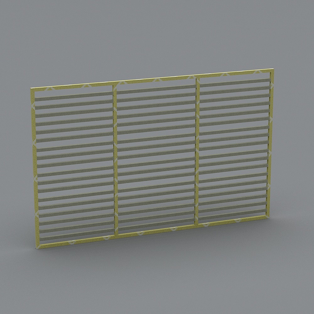 Yellow metal decorative wall panel with three sections and horizontal slats on grey background