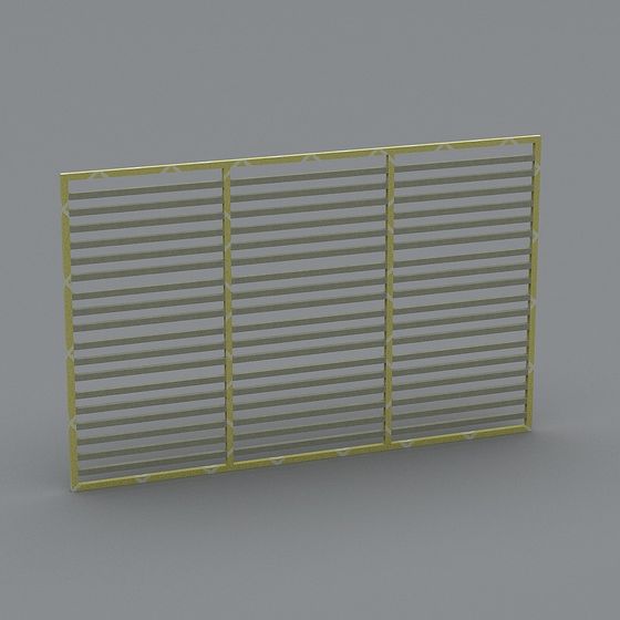 Yellow metal decorative wall panel with three sections and horizontal slats on grey background