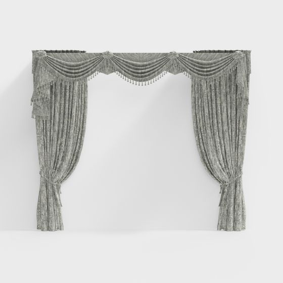 Classic grey fabric curtain with decorative swags and tassels on white background