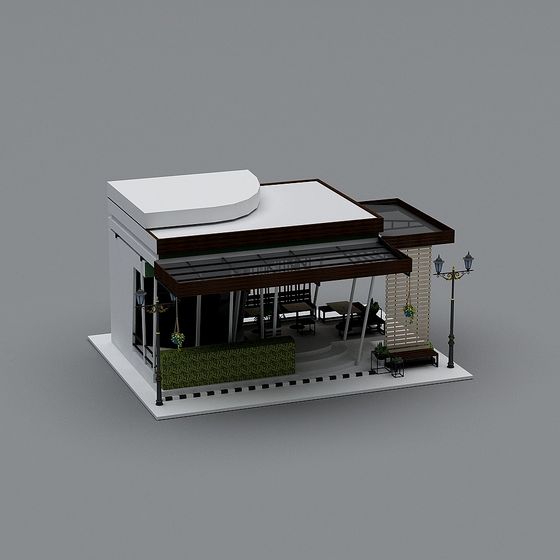 Modern white building model with brown roof and green hedge on grey background