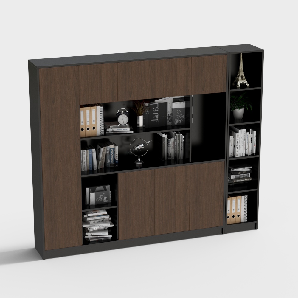Modern dark wood and black storage cabinet with open shelves for books on white background