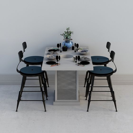 Industrial Style Dining Table and Bar Stool 3D model