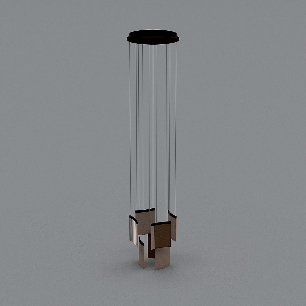 Modern black ceiling light fixture with copper metal curved panels on grey background