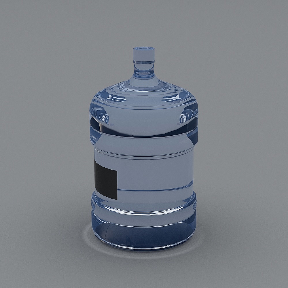 Large clear plastic water cooler bottle with blue tint and black label on grey background