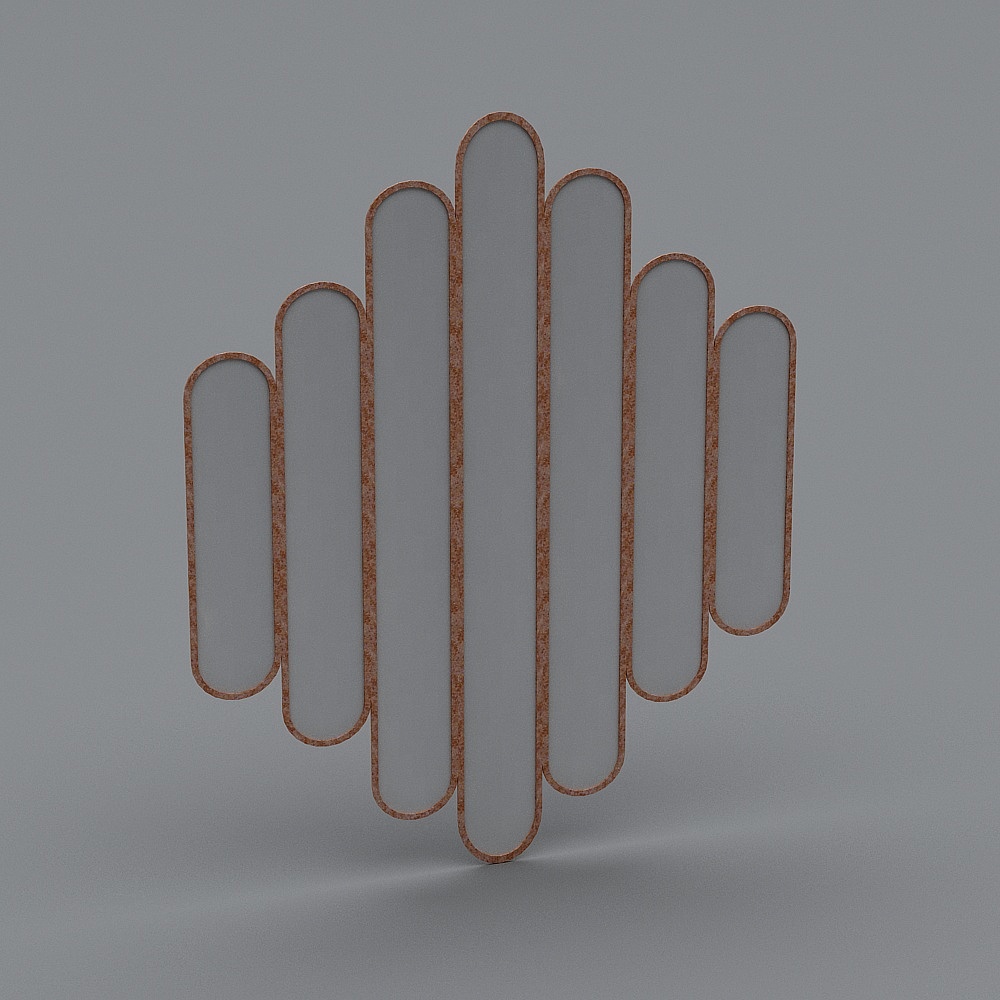 Modern copper metal wall art with seven vertical bars on grey background