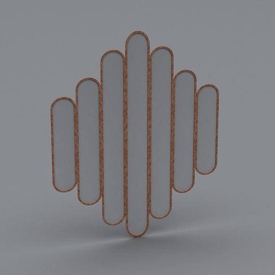 Modern copper metal wall art with seven vertical bars on grey background