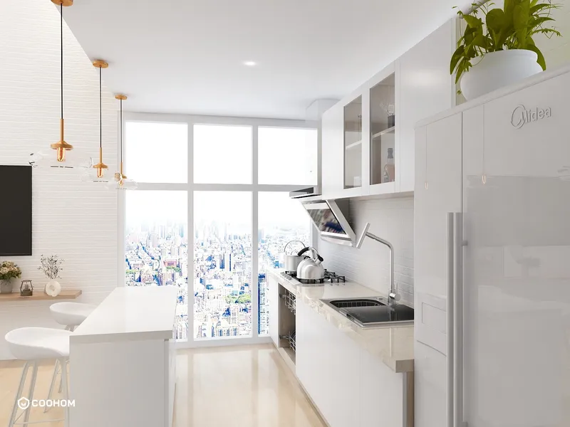 Modern white kitchen with island stools city view from large window sink and stove kettle