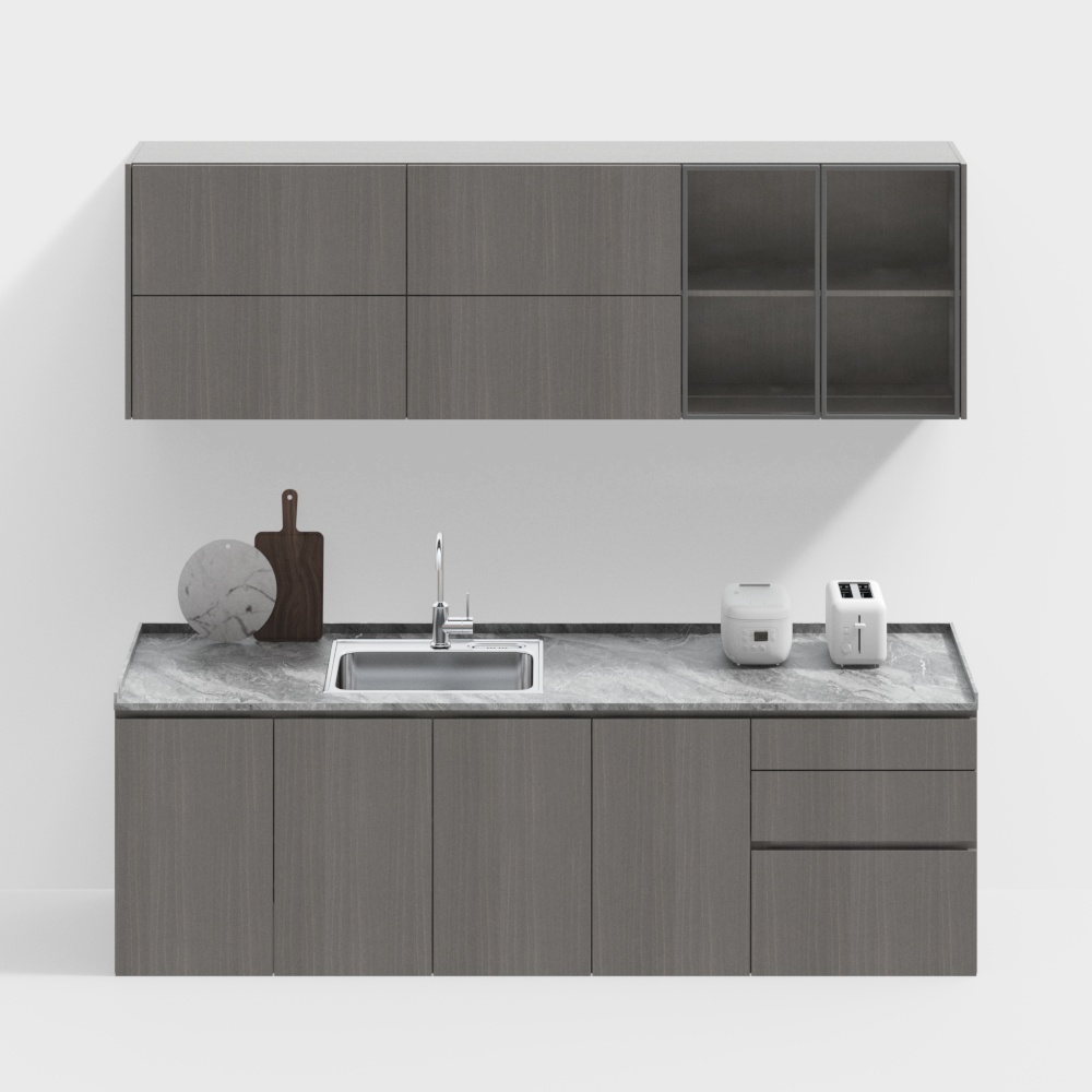 Modern Minimalist Kitchen Cabinet 3D Model – Gray Wood & Marble
