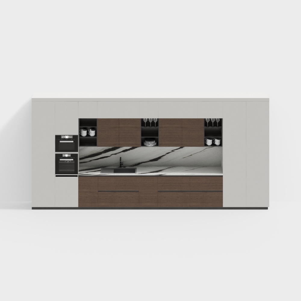 Elegant Modern Kitchen Cabinet Doors 3D Model – Wood & Marble