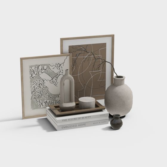 Two framed art prints with three beige vases and two books on white background