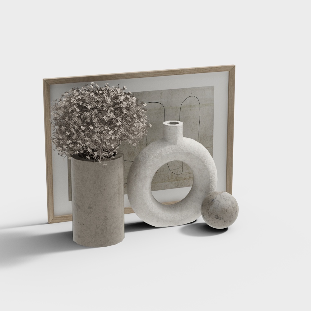 Decor set with concrete vase, round vase, ball, and framed art on white background