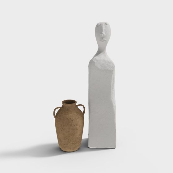 Brown ceramic vase and tall white human statue sculpture on light grey background