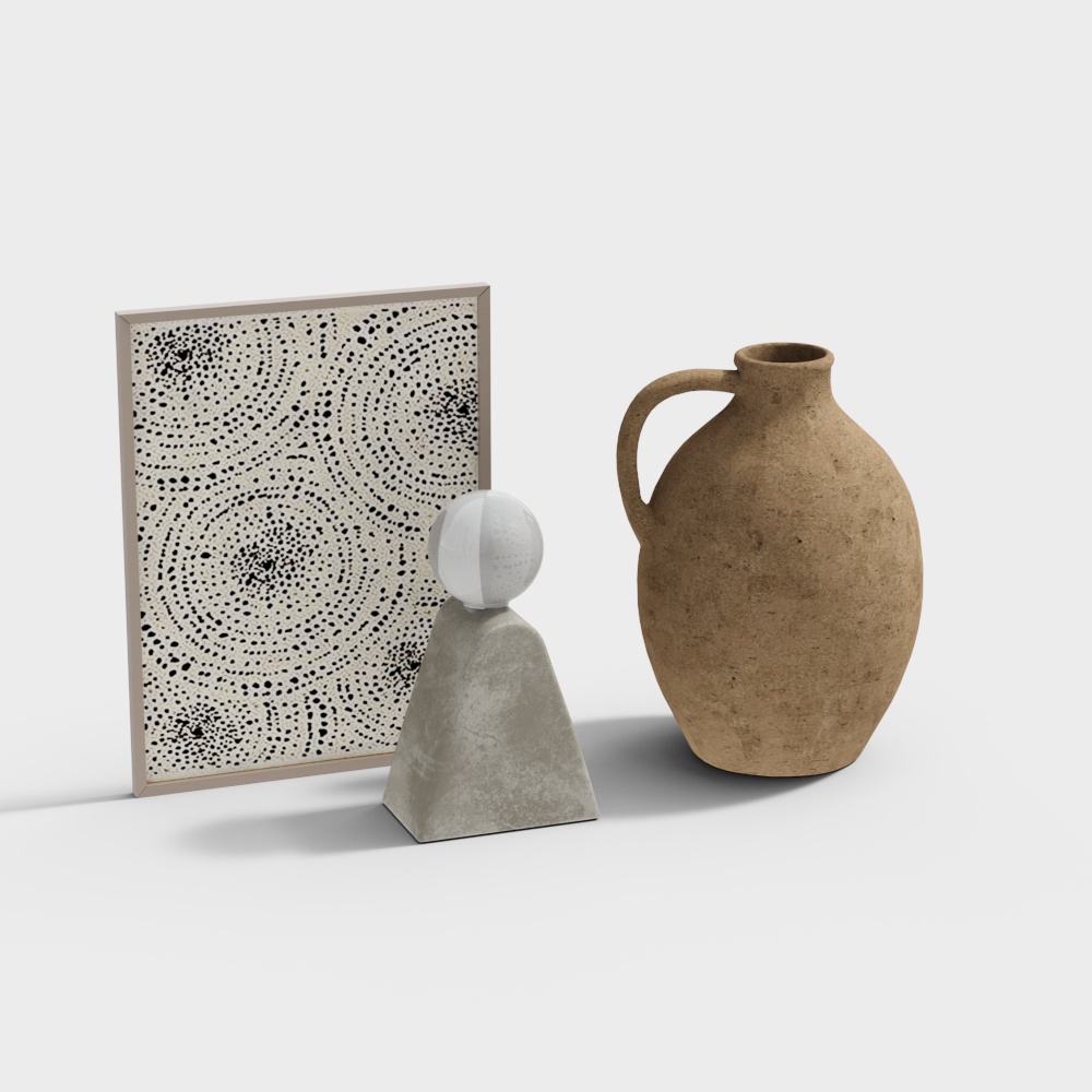 Brown ceramic vase and art frame on white background
