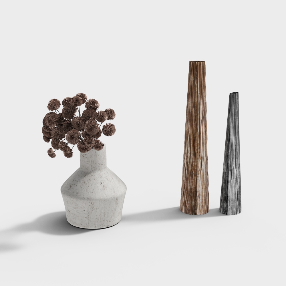 Three tall vases with brown flowers and wood texture on light grey background