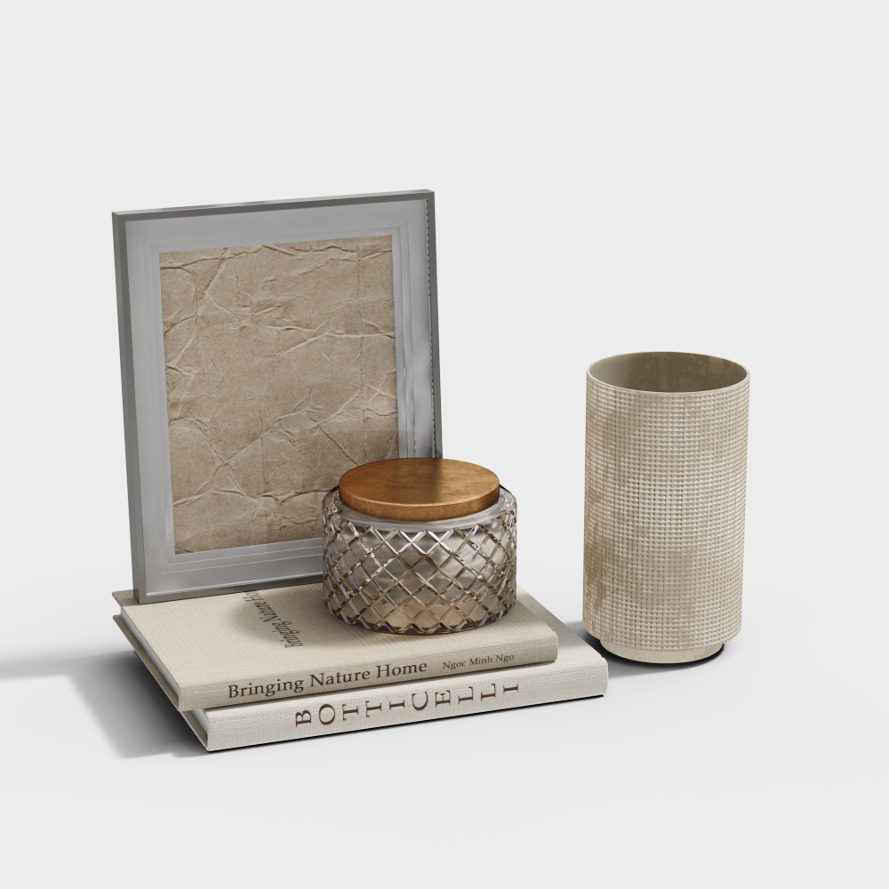 Modern home decor set with frame candle vase books on white background